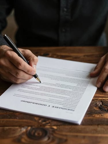 Close-up of hands signing a structured legal document on a rustic dark timber table, warm atmospheric lighting, shallow depth of field, 35mm editorial photography