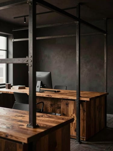 An elegant architectural shot of a modern rustic office interior, dark iron frames, warm wood desks, soft side lighting, 35mm editorial photography