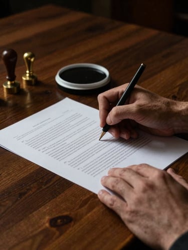 Side view of hands signing a thick paper document on a heavy timber desk, vintage brass stamps and ink pad nearby, low-key warm lighting, moody editorial