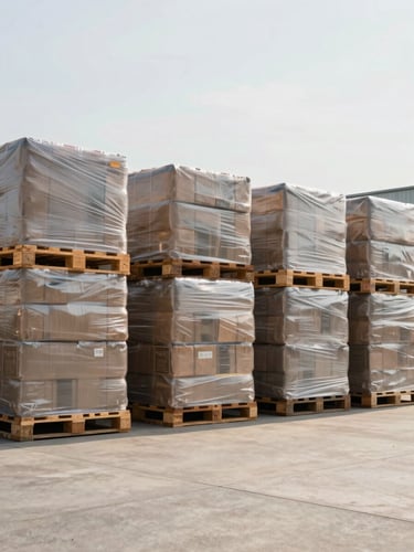 Wide industrial storage yard shot from a low angle in clean neutral noon light — rows of neatly arranged storage parcels and pallets stacked in an organized outdoor facility, concrete floor visible in foreground, plain sky above, no people, tool-focused composition