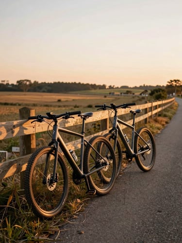 Two e-bikes leaning against a wooden fence post beside a paved cycling path in soft golden late-afternoon light, regional countryside visible in the background, no riders, equipment-focused framing with warm amber tones