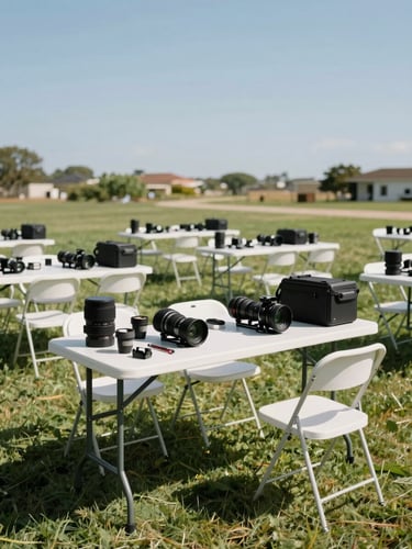 Wide-angle view from behind a row of white folding tables set with chairs on a sunny outdoor lawn, event gear neatly arranged and ready, natural noon daylight casting clean shadows, open sky in the upper third, no people visible — the equipment is the subject