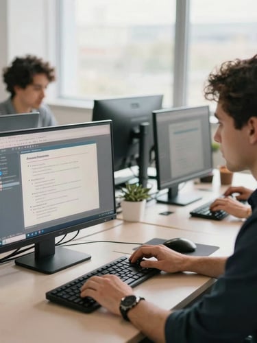 Bright modern office with focused professionals working on computers, over-the-shoulder view showing clean software interfaces on screens, natural morning light