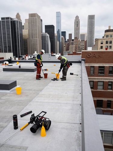 Wide angled shot of an Apex roofing crew working on a flat commercial rooftop in Manhattan, NYC skyline visible in the background, overcast daylight, tools and materials in foreground
