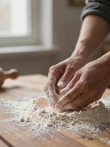 Extreme close-up of hands dusting flour over a rustic wooden table, soft morning side-light, shallow depth of field, warm stone tones, 35mm