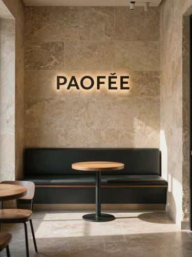 Architectural interior of a minimalist premium coffee shop, warm stone walls, natural side-lighting, soft morning shadows, 35mm photography