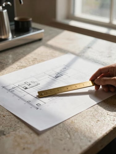 Top-down architectural blueprint of a coffee bar layout on a warm stone table, a hand holding a brass scale ruler, soft natural morning window light, high contrast, cinematic shadows