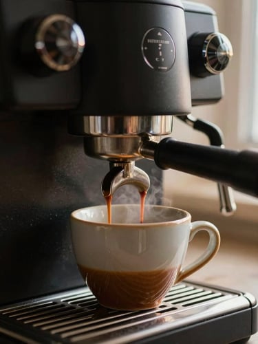 Extreme close-up of a premium matte black espresso machine pulling a rich shot into a handmade ceramic cup, warm side-lighting revealing steam, honed travertine counter background, cinematic 35mm photography