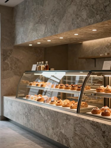 Architectural interior of a minimalist modern bakery display counter, warm glowing spot lights highlighting golden pastries, honed travertine surfaces, 35mm