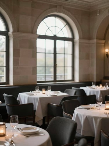 Cinematic architectural interior of an empty, beautifully lit luxury restaurant, soft morning natural light from arched windows, warm stone and charcoal tones, shallow depth of field, 35mm