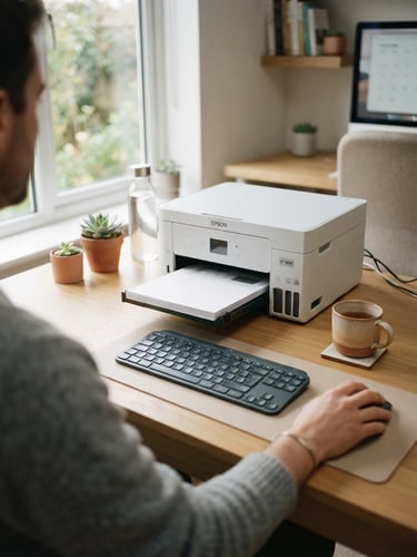 Over-the-shoulder view of a clean home office desk, a compact modern printer with its paper tray open, soft natural morning daylight, shallow depth of field.
