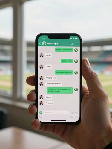 Tight crop of a hand holding a smartphone showing a WhatsApp conversation thread, messages visible with quick cricket betting support replies, warm natural daylight from a window, stadium ambient light in background