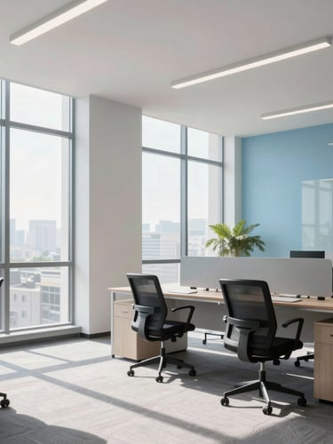 Bright editorial photography of a modern, clean office interior with morning daylight streaming through large windows, soft blue accents, high-end commercial aesthetic
