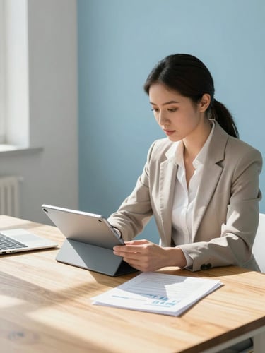 A professional woman sitting at a sunlit wooden table, reviewing financial documents on a modern tablet, bright morning daylight, clean interior with soft blue accents, 35mm photography.