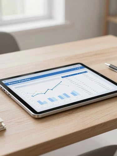 A clean wooden table with modern financial planning tools, a digital tablet showing a clean chart, bright natural morning daylight, soft neutral tones