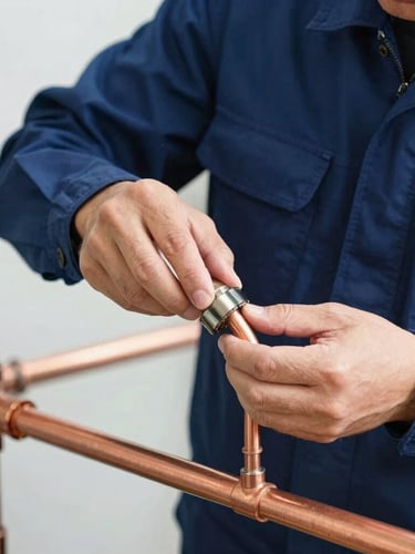 Crisp close-up shot of a professional technician in a clean navy uniform installing high-quality copper piping, bright natural daylight, sharp focus on technical precision.