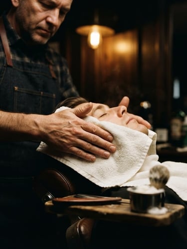 Close-up of a skilled barber's hands meticulously applying hot towel to a client's face, razor visible, dramatic low-key lighting, warm golden tones, sharp focus, 35mm film.