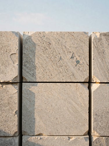 Close-up of raw, textured limestone blocks stacked on a construction site, soft late afternoon sun casting long clean shadows, architectural detail, 35mm