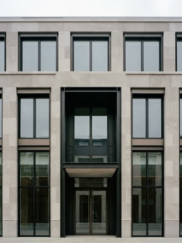 Symmetrical architectural detail of a modern limestone and steel facade, soft overcast daylight, clean lines, 35mm photography