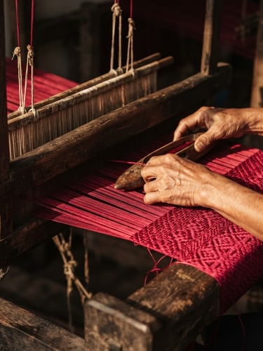 Macro shot of a master weaver's hands operating a dark wooden interlocking pit loom with vibrant crimson silk threads, warm directional afternoon side-lighting, rich textures.