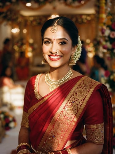 A close-up portrait of a South Asian bride smiling, elegantly draped in a crimson silk saree with a brilliant gold zari border catching warm side-light.