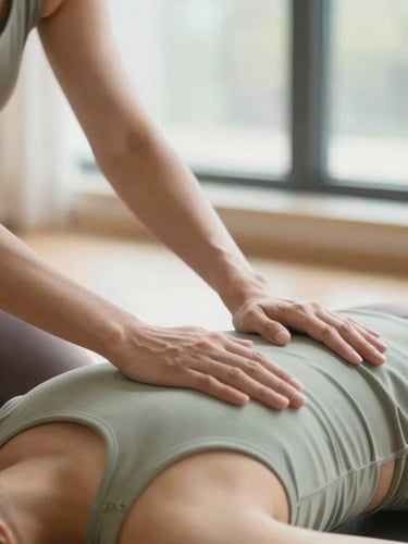 Medium-close shot of a yoga instructor's hands gently adjusting a student's posture, emphasizing precise anatomical alignment, soft natural window light, warm editorial photography, calming sage and earthy tones, shallow depth of field, 35mm