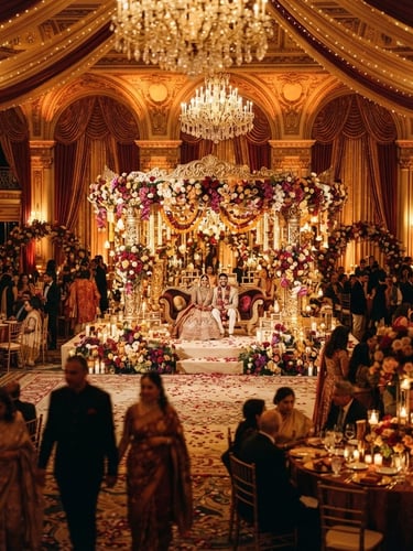 Wide environmental shot of a grand Indian wedding reception hall, opulent floral mandap setup, warm golden ambient lighting, deep crimson and gold tones, 35mm