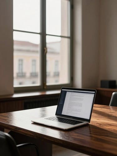 Architectural composition of a prestigious Lisbon law office interior, warm daylight filtering through a tall window onto a dark walnut desk, a sleek laptop displaying a clean legal software interface, soft ambient shadows, prestigious and serene atmosphere.