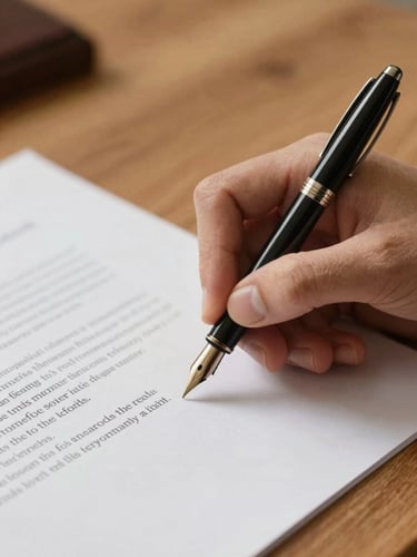 Macro shot of hands signing a physical legal document with an elegant fountain pen on a warm wooden desk, soft side lighting.