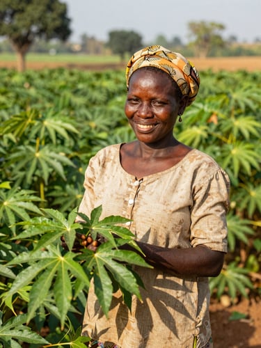 Dignified female farmer smiling in a lush green cassava field in Cameroon, holding a bundle of healthy green leaves, warm natural equatorial sunlight, 35mm