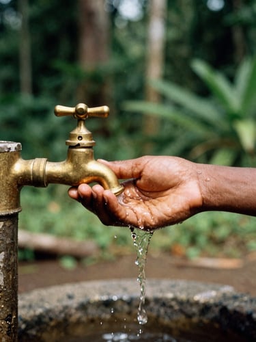 A close-up of clean water flowing from a brass tap stand, held by a local child's hand, warm equatorial sunlight, rich forest green background, 35mm