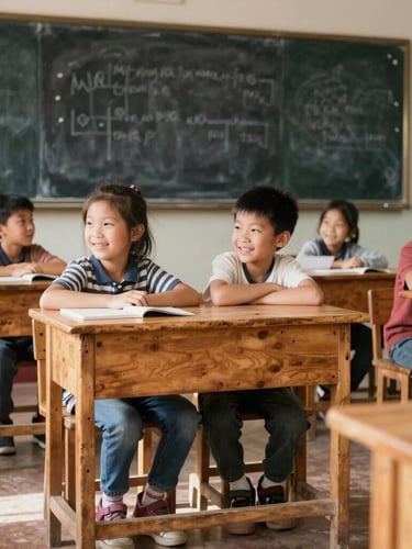 Bright natural light spilling into a newly renovated classroom in Manyu, children sitting at sturdy wooden desks smiling, looking at a blackboard, 35mm warm editorial photography.