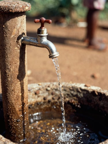 A close-up of clean water flowing from a newly installed community tap stand, warm equatorial sunlight, rich earthy tones, 35mm editorial photography.
