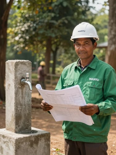 A medium portrait of a Manyu project engineer in a forest green shirt holding a water system blueprint, standing proudly next to a newly completed concrete tap stand, warm natural light, 35mm.