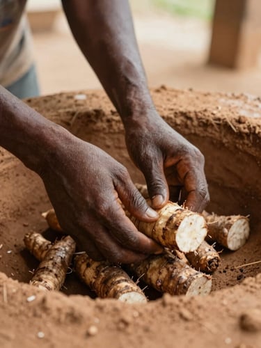 Close-up of hands processing cassava roots in a clean, community-run cooperative mill, warm clay tones, natural light, 35mm