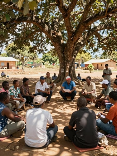 Wide environmental shot of a community meeting under a large shade tree in Manyu, local leaders and villagers discussing plans, warm equatorial sunlight, 35mm.