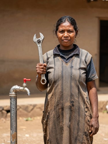 A medium portrait of a female water committee member in Manyu holding a wrench, standing proudly next to a communal tap stand, warm natural lighting, 35mm