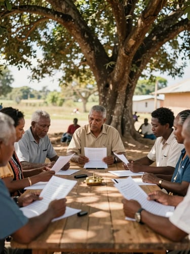 A medium shot of a village council meeting under the shade of a large tree, local leaders discussing plans with paper documents, dignified, warm equatorial light.