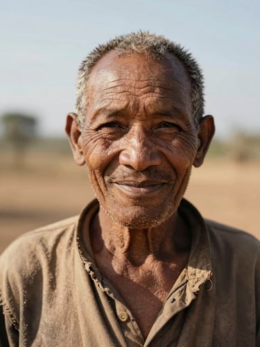 A close-up portrait of a Manyu village elder smiling warmly in natural equatorial sunlight, rich earthy tones, authentic community-led development, 35mm.
