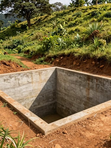 Wide shot of a concrete water intake chamber built into a lush green hillside in Cameroon, clean lines, warm equatorial sunlight, 35mm