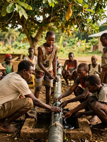 A wide, warm-toned environmental portrait of Manyu community members working together to install a clean water pipeline, rich green foliage, golden equatorial sunlight, 35mm.