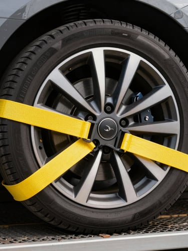 A close-up of a high-visibility yellow wheel strap securely buckled over a clean sports car tire on a flatbed deck, crisp daylight, professional commercial photography