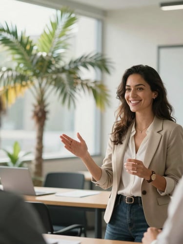 Warm natural daylight illuminating a modern office classroom, a smiling professional woman gesturing during a friendly language consultation, tropical palm leaves softly blurred in the background.