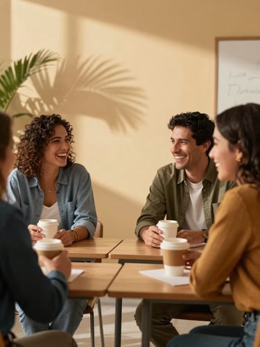 Warm daylight illuminating a modern, cozy classroom. Two adult students of Hispanic heritage are laughing and conversing over coffee cups, soft palm leaf shadows on a warm sand-colored wall in the background.