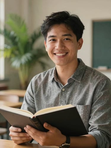 Warm daylight portrait of a smiling adult student holding a notebook in a modern classroom, lush green palm leaves softly blurred in the background, natural lighting, medium close-up.