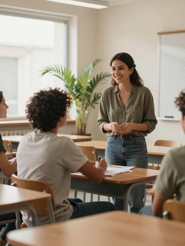 A warm, daylight-filled modern classroom with subtle palm foliage in the background. A smiling teacher guides a small, diverse group of adult students engaged in active conversation.