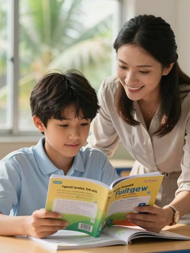 Candid medium shot of a young student and a warm, smiling teacher looking over a colorful English workbook, natural sunlit classroom setting, soft tropical foliage visible through the window in the background.