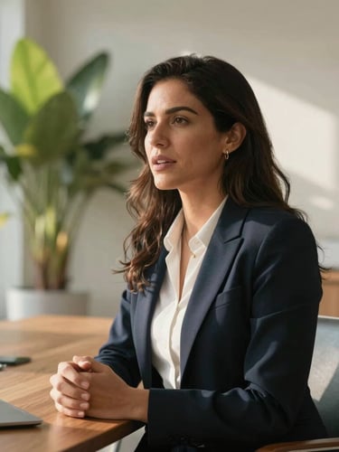 Warm natural daylight, medium close-up of a confident Latina professional speaking in a modern, sun-drenched boardroom, subtle tropical foliage in the background.