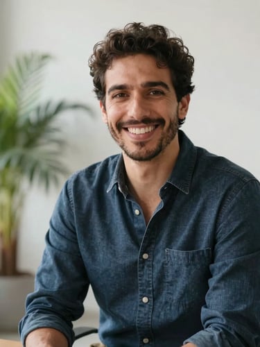 A warm, natural light portrait of Leandro Blanco Burgo, a friendly founder in his late 30s, smiling genuinely at the camera. He is sitting in a bright, modern office space with a subtle potted palm plant in the soft-focus background.