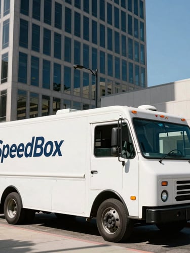 Wide-angle environmental shot of a clean SpeedBox moving truck parked precisely beside a modern glass-and-steel DTLA office high-rise under bright Southern California daylight, sharp shadows.